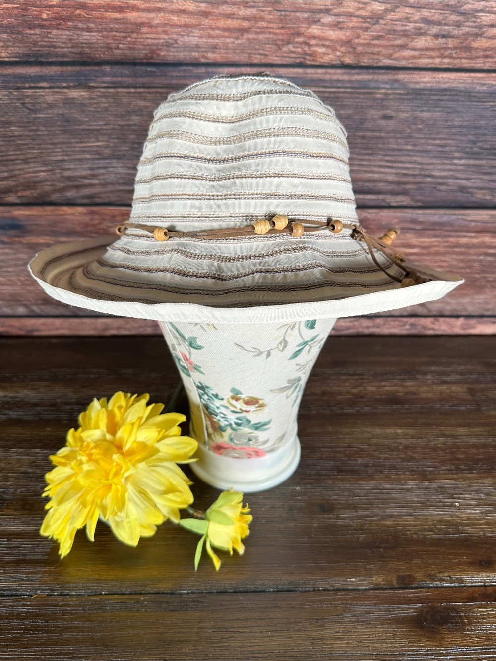 Wallaroo Breton Women’s Cream Striped Sun Hat with Bead Trim